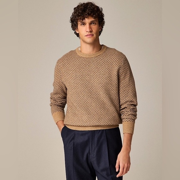NWT J. Crew Men’s Rugged Merino Wool Bird’s Eye Sweater in Tan/Navy Size XL - Picture 2 of 13